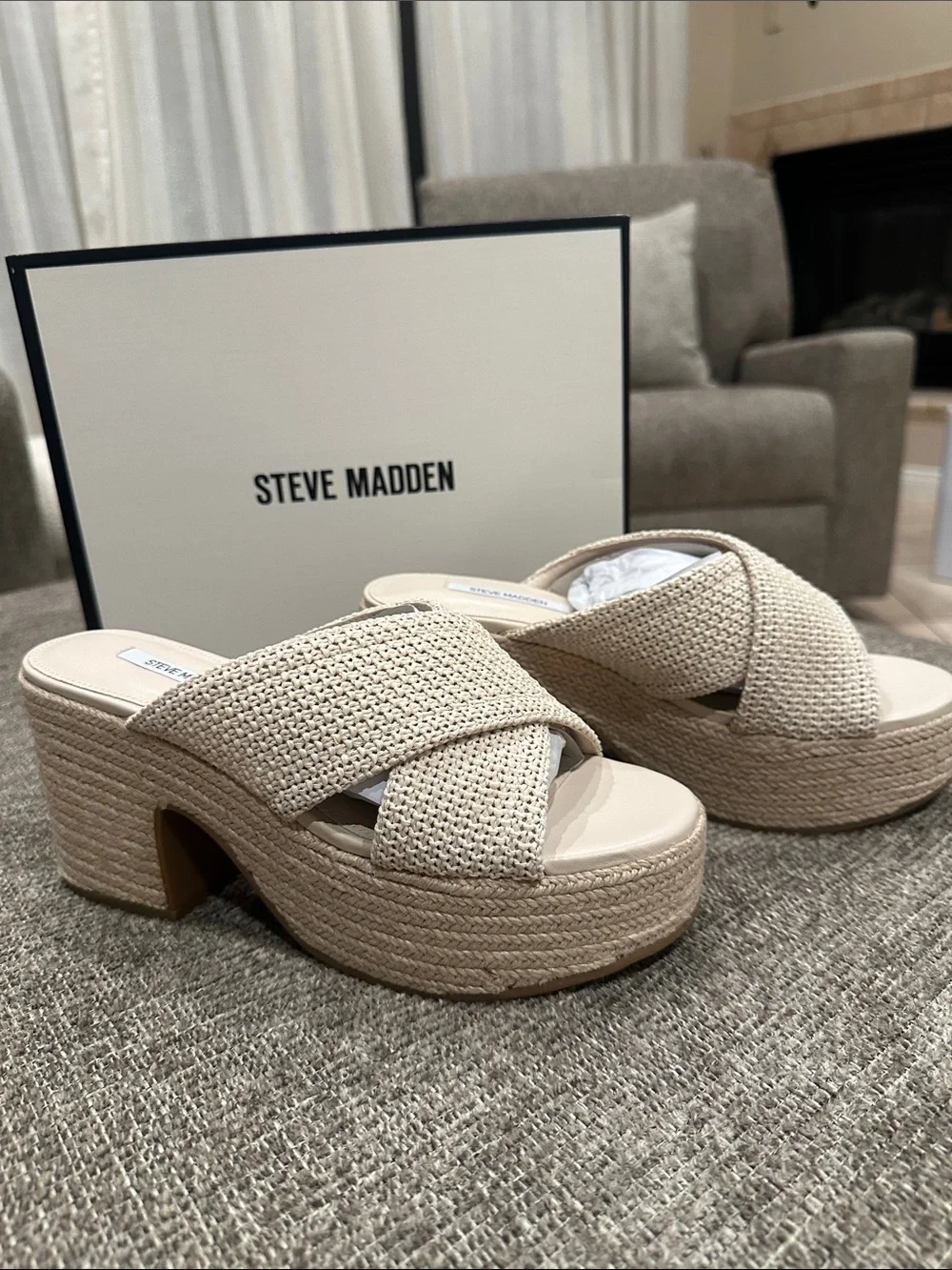 Steve Madden Beige Woven Espadrille Platform Slides